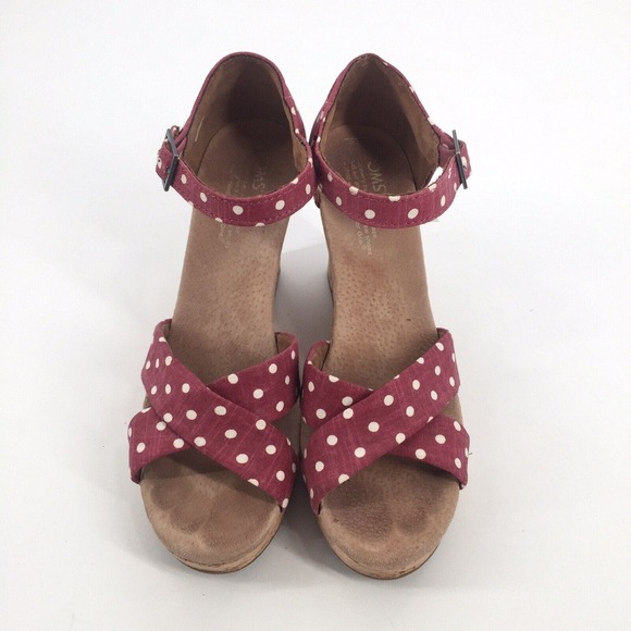 Toms Polka Dot Cork Wedge Sandals Size 8 Burgundy Red White Summer Casual - Picture 2 of 9